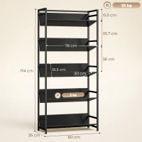HOMCOM Bookshelf 5-Tier Metal Frame Bookcase Storage Shelves for Living Room Black(m-3)