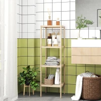 HOMCOM Dulap de baie modern cu 4 niveluri și sistem anti-răsturnare din bambus, 33x31x110 cm, culoare lemn(m-10)