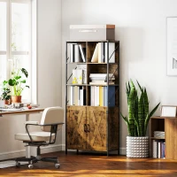 HOMCOM Estante de 6 Níveis Estante de Livros com Compartimentos Abertos 2 Portas Estilo Industrial 75x34x172 cm Castanho Rústico(m-10)