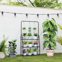 Outsunny Blumenregal, 3-stufiges Pflanzenregal mit Hängehaken, Metallregal für Blumentöpfe, Indoor- und Outdoor-tauglich, Schwarz(m-10)