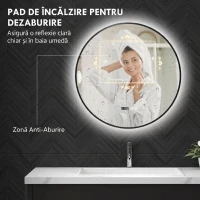 HOMCOM Oglindă de baie cu lumină LED reglabilă, antiaburire și afișaj pentru oră și temperatură, Ø70 cm, negru(m-5)