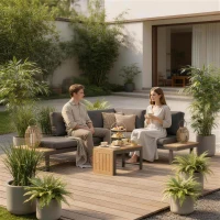 Outsunny 4 Seater L Shaped Aluminium Sectional Garden Furniture Set with 2 Loveseats and Wood-Plastic Coffee Table - Natural Wood(m-10)