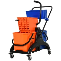 HOMCOM Cărucior Profesional de Curățenie cu 2 Găleți de 26L, Cărucior cu Presă, Mâner și 4 Roți Universale, pentru Hotel, Casă, Birou, 78x45x95 cm, Portocaliu și Albastru(m-12)