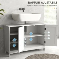 kleankin Dulap sub chiuvetă pentru baie cu 2 uși și 3 rafturi deschise din lemn, 90x30x60cm, alb(m-5)