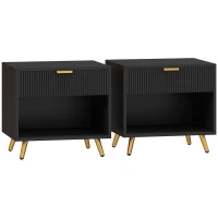 HOMCOM Elegant Bedside Table Set of 2, with Drawer and Shelf - Black/Gold Tone(m-1)