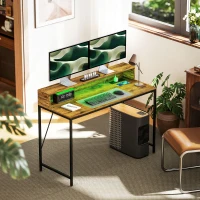 HOMCOM 120cm Computer Desk with LED Lights and Power Outlets, Gaming Desk with Monitor Stand, Computer Table with Remote for Home Office Study, Rustic Brown(m-10)