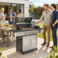 Outsunny 4+1 Burner Gas BBQ Grill, Portable Gas Barbecue Grill with Side Burner, Warming Rack, Side Shelf, Storage Cabinet(m-10)