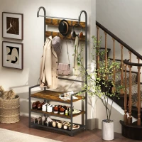HOMCOM Cuier de Hol cu Bară, 10 Cârlige, Bancă și Suport pentru Pantofi, din Lemn și Metal, 80x40x182 cm, Maro și Negru(m-7)