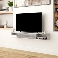 HOMCOM Dulap TV Suspendat din Lemn cu 2 Rafturi Deschise și Dulap, 120x26x16 cm, Alb și Gri(m-10)