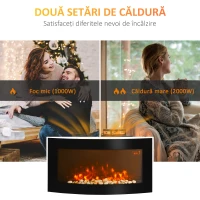HOMCOM Șemineu Electric de Perete cu Lumină LED în 7 Culori, Putere 1000/2000W și Temperatură 15-30°C, Negru(m-9)