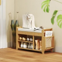 HOMCOM Banco Zapatero con Asiento Acolchado Almacenamiento Lateral Estante para Botas Marco de Bambú 80x30x50 cm Natural(m-10)