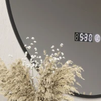 HOMCOM Oglindă de baie cu lumină LED reglabilă, antiaburire și afișaj pentru oră și temperatură, Ø70 cm, negru(m-9)
