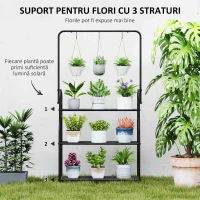 Outsunny Suport pentru plante cu 3 niveluri și 3 cârlige, din metal, 162x221.5x163 cm, negru(m-4)