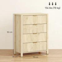 HOMCOM Comodă cu 4 sertare scanalate și mânere aurii, 70x38x93 cm, lemn natural(m-3)