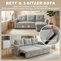 HOMCOM 3-Sitzer-Sofa mit Bettfunktion, Schlafsofa mit Chaiselongue, Polstersofa, Grau(m-4)