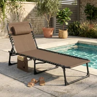 Outsunny Liegestuhl, Zusammenklappbare Liege mit Nackenkissen, Stahlrahmen, Netzstoffbezug, 120 kg Belastbarkeit, Braun(m-2)