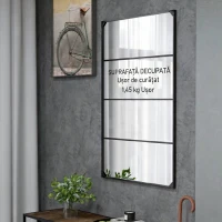 HOMCOM Oglindă de perete în stil industrial cu 4 cârlige, din sticlă multistrat, metal și MDF, 109x2x69 cm, negru(m-9)