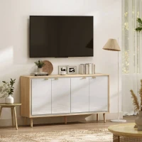 HOMCOM Bufet Modern cu 4 Uși și Raft Reglabil, 141x35x77 cm, Alb Lucios și Stejar(m-8)