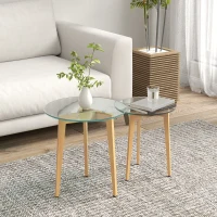 HOMCOM Conjunto de 2 Mesas de Apoio Modernas com Bancada de Vidro Temperado e Estrutura Metálica Ø50x45 cm e Ø40x40 cm Transparente(m-8)