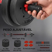 HOMCOM Conjunto de Halteres Ajustáveis 2 em 1 15 kg com Barras de Ligação e Pegas Antiderrapantes para Ginásio em Casa Preto(m-6)