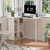 HOMCOM Birou pentru Cameră cu Blat Curbat, 6 Rafturi și 4 Polițe Reglabile, din Oțel și Lemn, 100x59x75,5 cm, Alb(m-10)