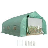 Outsunny Walk-in Polytunnel Garden Greenhouse - Outdoor Mesh Door Greenhouse with PE Cover and 6 Windows, 4.5 x 3 x 2m, Green(m-11)