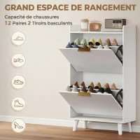 HOMCOM Meuble à chaussures 12 paires, armoire à chaussures étroite avec 2 tiroirs rabattables, étagères réglables, blanc(m-4)