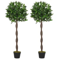 Outsunny Artificial Bay Laurel Topiary Trees with Twisted Trunk, Realistic Lush Topiary Ball Tree with Weighted Pot, 120cm Indoor Greenery Plant for Home Office Garden Decor, Set of 2, Green(m-10)