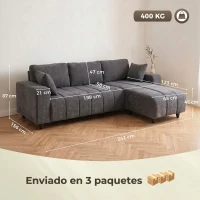 HOMCOM Sofá Esquinero Modular 242 cm 3 Plazas en L con Chaise Longue Reversible 2 Cojines Tejido Efecto Lino Gris(m-3)