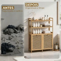 HOMCOM Móvel para Roupa Suja em Bambu com 2 Cestos Inclináveis de 38,7 L e 3 Prateleiras, 80x30x118 cm, Carvalho(m-9)