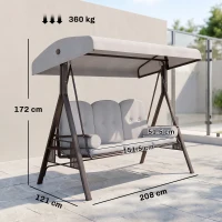 Outsunny 3 Seater Canopy Swing Chair, Outdoor Garden Swing Seat with Adjustable Canopy, Cushions and Cup Trays, Steel Frame, Light Grey(m-3)