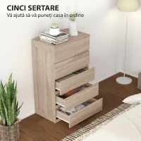 HOMCOM Comodă cu 5 Sertare din Lemn cu Ghidaje Metalice și Mânere Canelate, 60x39x100 cm, Lemn Natural(m-5)