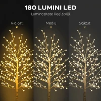 HOMCOM Pom decorativ luminos de mesteacăn cu 180 de lumini LED, înalt de 180 cm, cu 3 niveluri de luminozitate, pentru interior și exterior, alb(m-4)