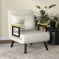 HOMCOM Fotoliu Pat 3 în 1 cu Spătar Reglabil și Pernă, din Material cu Efect de Catifea, 63x73x81 cm, Crem(m-7)