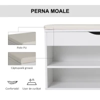 HOMCOM Bancă pentru Pantofi de Intrare, Economisitoare de Spațiu, cu Șezut Imblopat și Rafturi Deschise, pentru Hol, Alb(m-6)