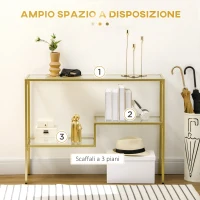 HOMCOM Consolle da Ingresso a 3 Ripiani in Acciaio e Vetro Temperato, 100x32x76 cm, Oro(m-4)