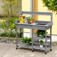 Outsunny Table de rempotage multi-équipée table de jardinage avec tiroir, 3 étagères, évier, 3 crochets - table de plantation bois sapin pré-huilé gris(m-10)