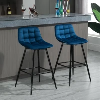 HOMCOM Set 2 Sgabelli Alti in Stile Nordico con Schienale e Poggiapiedi, Sgabelli Cucina con Schienale in Tessuto Effetto Velluto e Metallo, 45x47x88 cm, Blu(m-10)