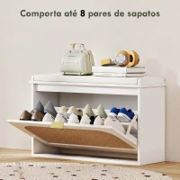 HOMCOM Banco para Sapatos Boho com Assento Acolchoado Porta de Rattan Gaveta Basculante Prateleira Ajustável 8 Pares 80x26x47,5 cm Branco(m-6)