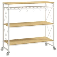 HOMCOM Carrello Portavivande a 4 Livelli con Portabottiglie e 5 Ganci Rimovibili, in Legno e Metallo, 96.5x38x96.7 cm(m-1)