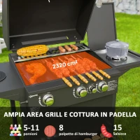 Outsunny Barbecue a Gas con Bruciatori Indipendenti, Coperchio con Termometro e Tavolino Laterale, Nero(m-4)