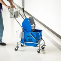 HOMCOM Cărucior de Curățenie Profesional cu Găleată de 26L pentru Mop, Stoarcător și Coșuri din Plasă, Albastru(m-10)