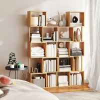 HOMCOM Bibliotecă Modernă Asimetrică cu 5 Rafturi din Bambus, 62,5 x 23 x 165 cm, Culoare Lemn Natural(m-7)