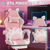 Vinsetto Scaun Gaming Ergonomic Rabatabil, cu Suport Picioare Urechi Pisică Roz(m-4)