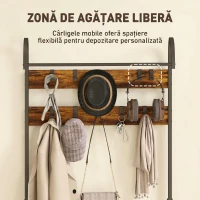 HOMCOM Cuier de Hol cu Bară, 10 Cârlige, Bancă și Suport pentru Pantofi, din Lemn și Metal, 80x40x182 cm, Maro și Negru(m-5)