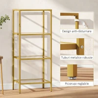 HOMCOM Raft cu 4 Niveluri Minimal din Metal și Sticlă Temperată, 40x30x96,5 cm, culoare Aurie(m-6)