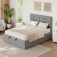 HOMCOM Lit coffre 140x190, cadre de lit double rembourré avec sommier à lattes en bois et rangement cach, sans matelas, gris(m-8)