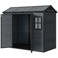Outsunny 8 x 4 ft Resin Garden Shed, Wood-Effect Outdoor Storage Shed with Floor, Windows, Lockable Doors and Vents, Dark Grey(m-11)