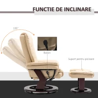 HOMCOM Set Fotoliu Relax și Pouf pentru Picioare, Rotativ la 360° si Reclinabil, Imitatie de piele PU cu Suport pentru Cap si Brate, Bej(m-4)