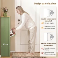 HOMCOM Meuble à Chaussures 18 Paires, Armoire à Chaussures à Haute Brillance, 3 Tiroirs Rabattables, Étagères Réglables, Vert(m-4)